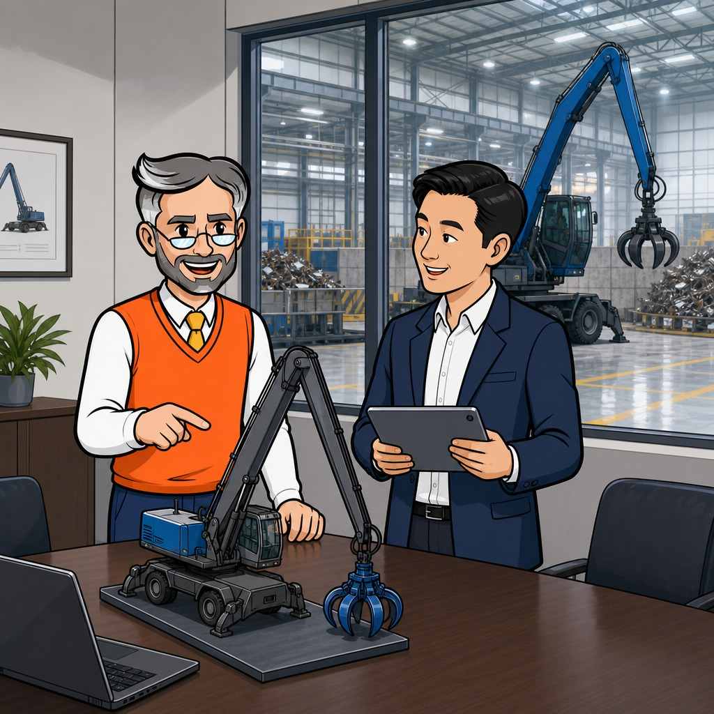 Equipment manufacturer and a colleague reviewing a machinery model at a conference table