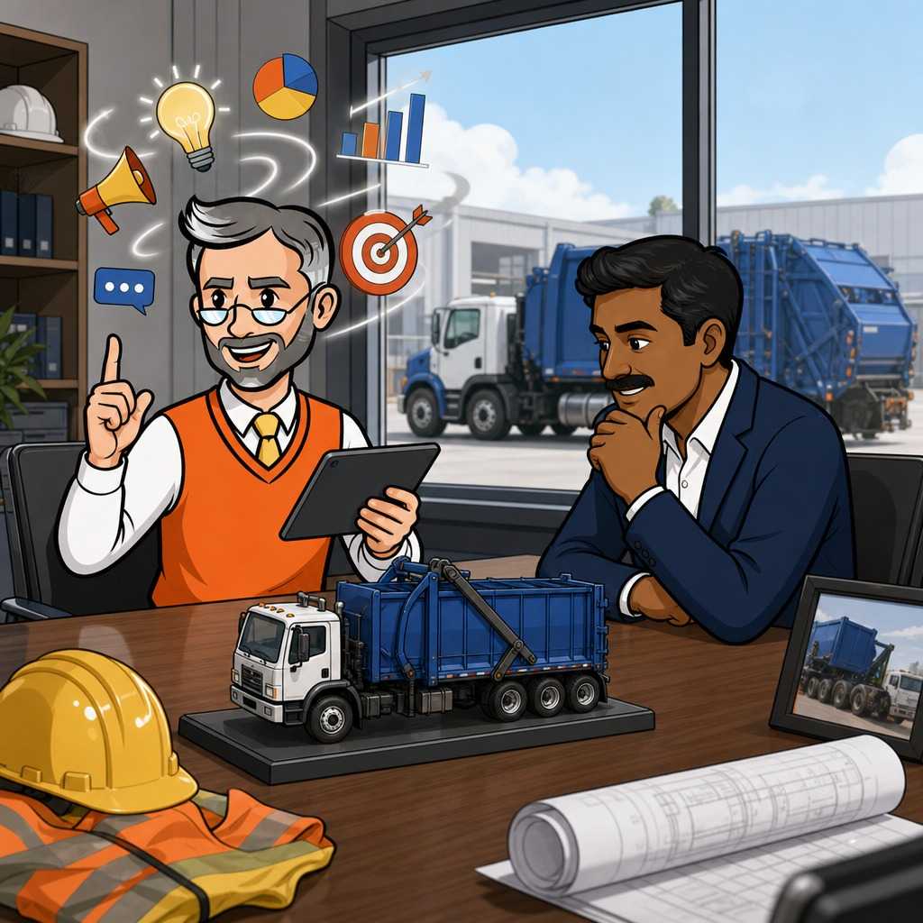 Agency presenter and a client discussing marketing results beside a truck model